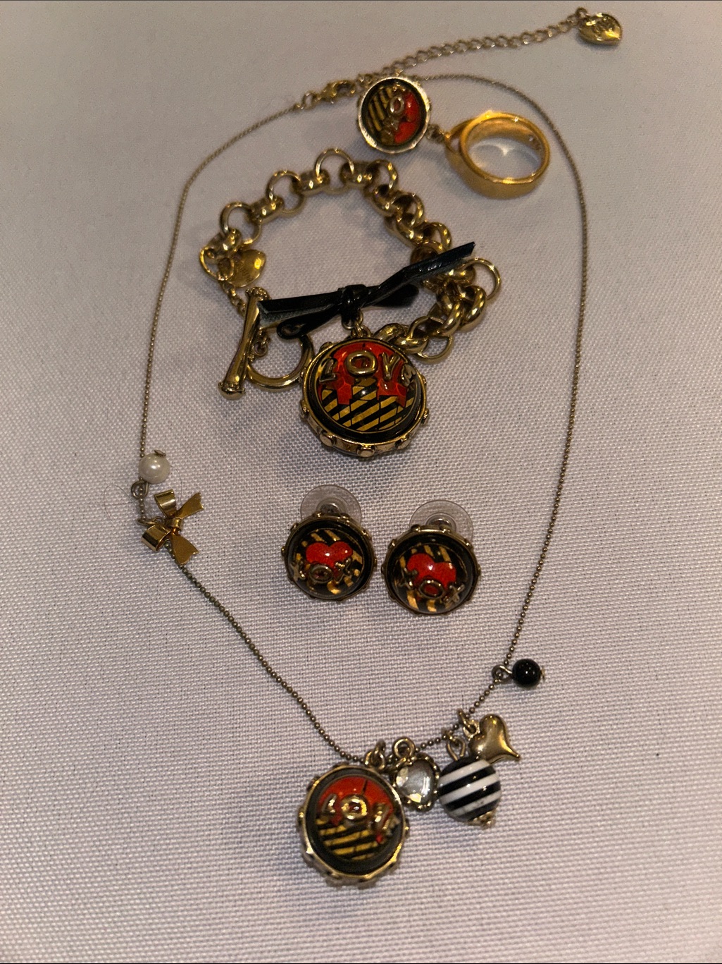 Betsey Johnson Set Love Xox Skyline Stripe Necklace, Earrings, Ring, Bracelet